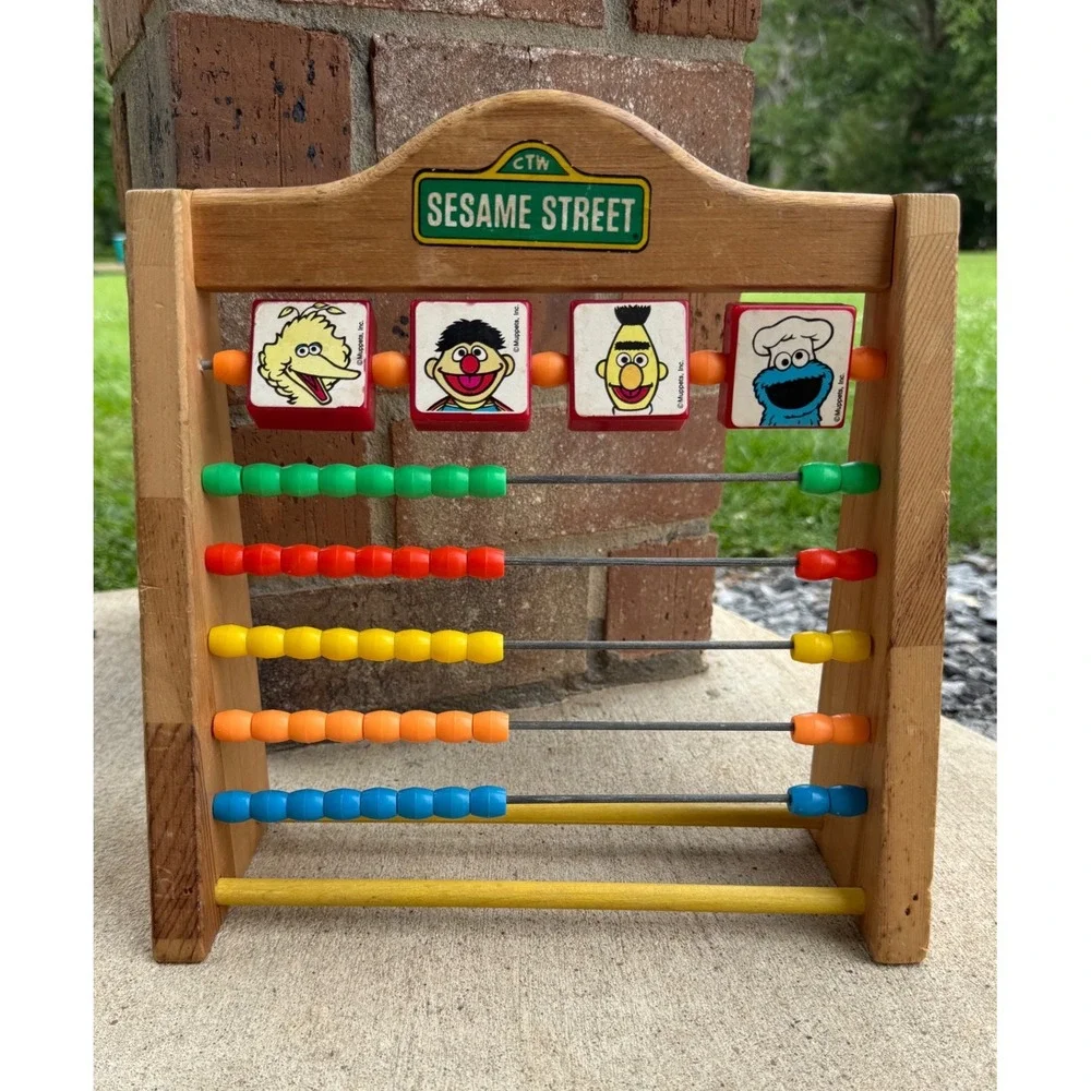 Vintage Sesame Street Wooden Abacus Counting Toy Big Bird Ernie Bert Cookie
